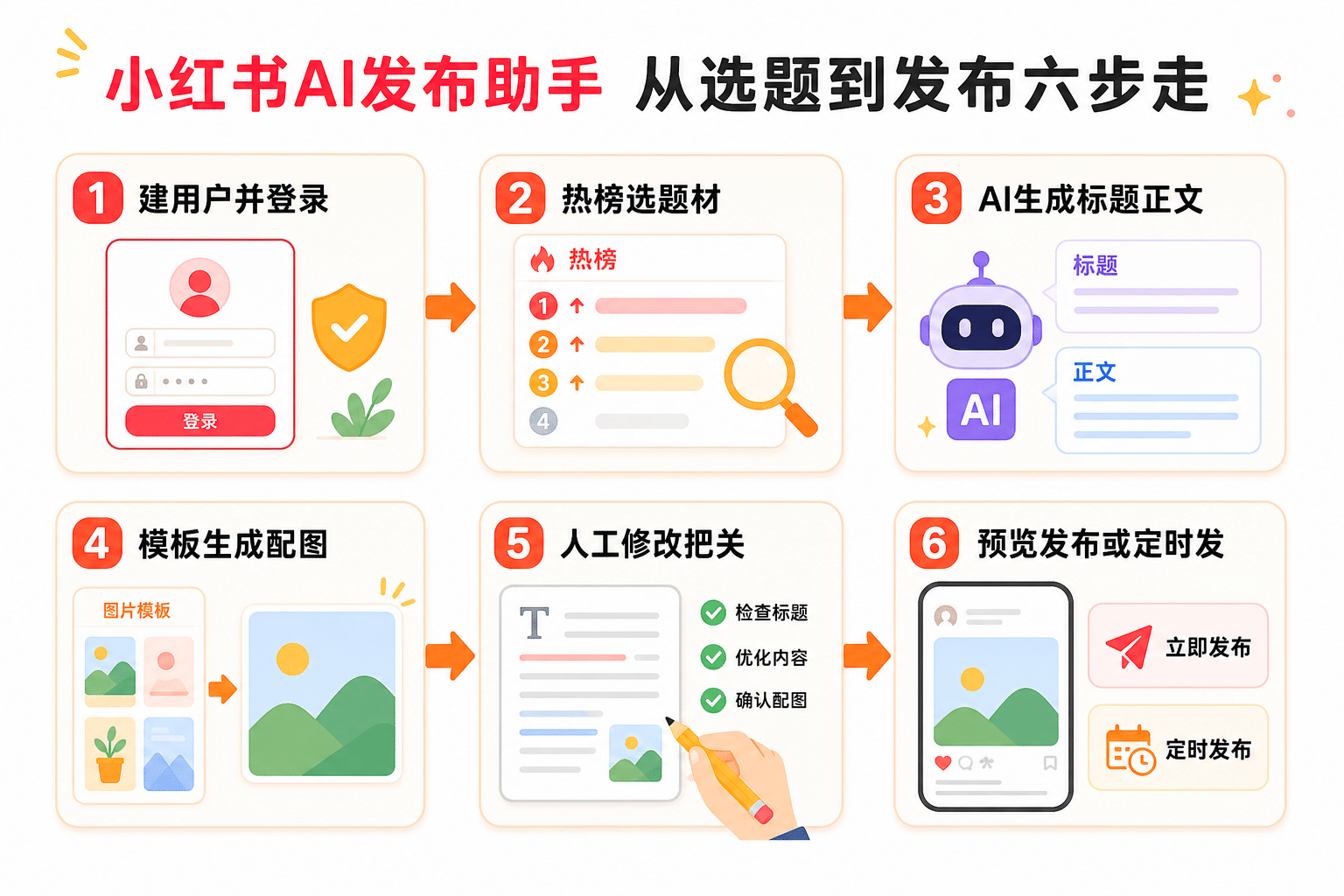 小红书AI发布助手从选题到发布六步流程图