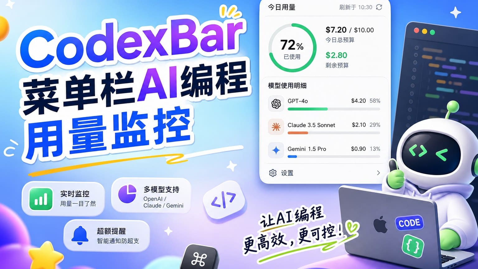 CodexBar：菜单栏AI编程用量监控工具，Claude/Cursor等额度统一监控