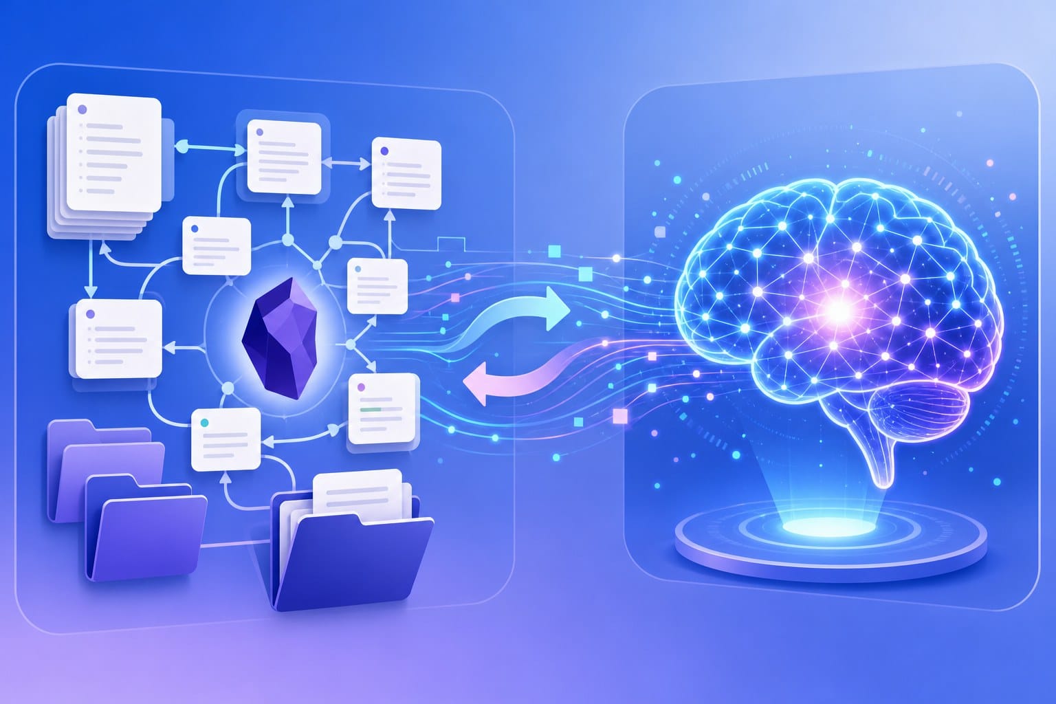 Obsidian 笔记库与 AI 大脑通过数据流连接协作的示意