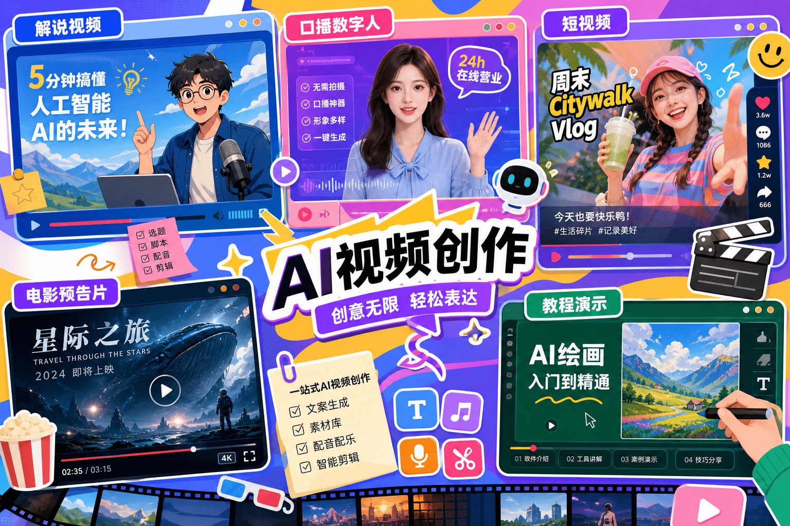OpenMontage 支持的多种 AI 视频创作应用场景拼贴图