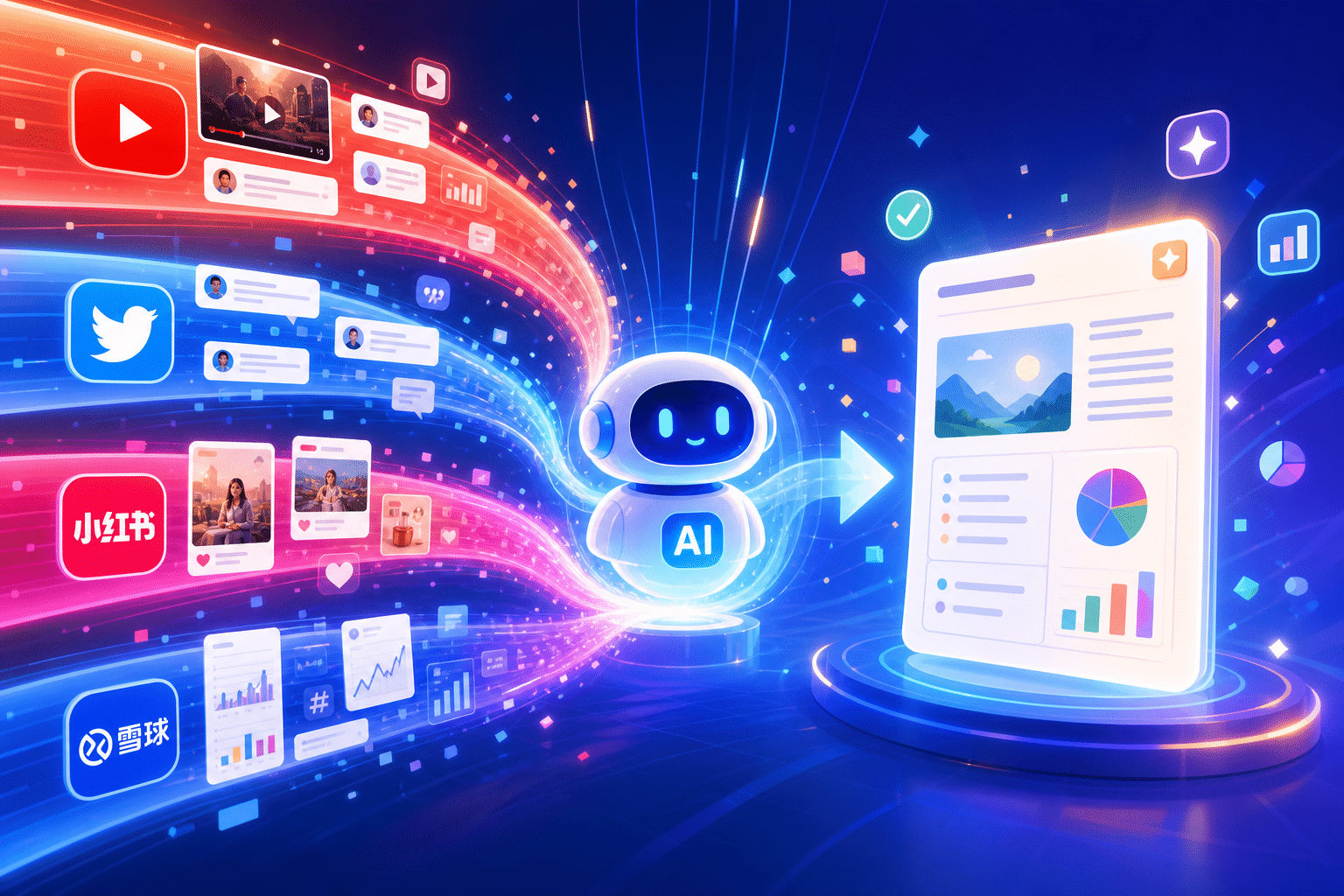 AI Agent 从多个平台抓取数据并汇聚整理的示意图
