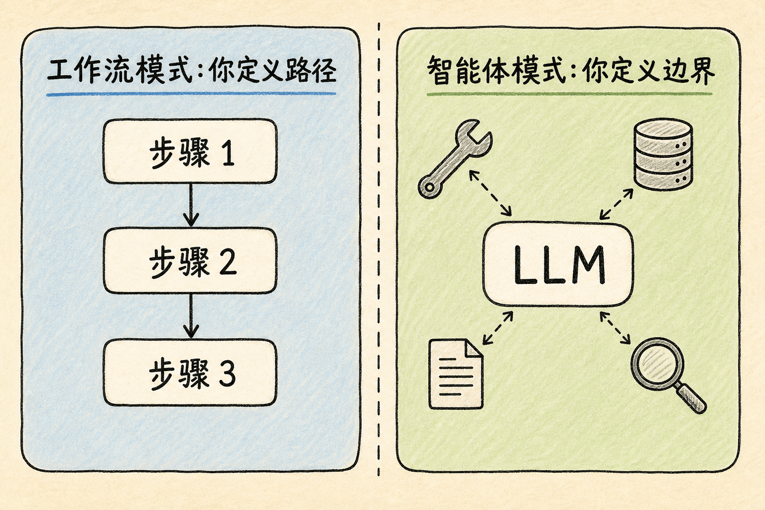 工作流模式定义路径,智能体模式定义边界