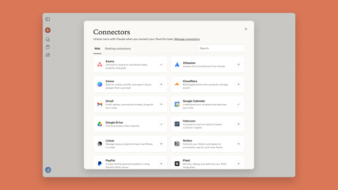 Claude 连接器设置面板，可接入 Gmail、Notion、Linear 等应用