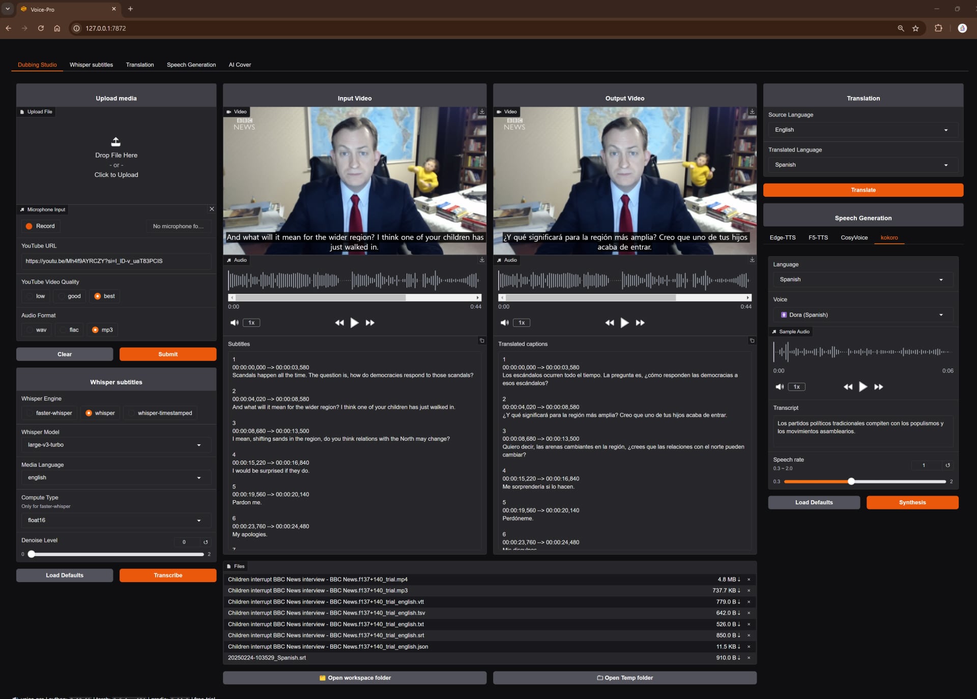 Voice-Pro Dubbing Studio 主界面，左侧上传与Whisper设置，中间输入输出视频对照，右侧翻译与语音合成