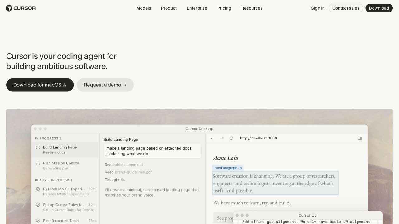 Cursor 官网首页，展示 Coding Agent 定位与客户端下载入口