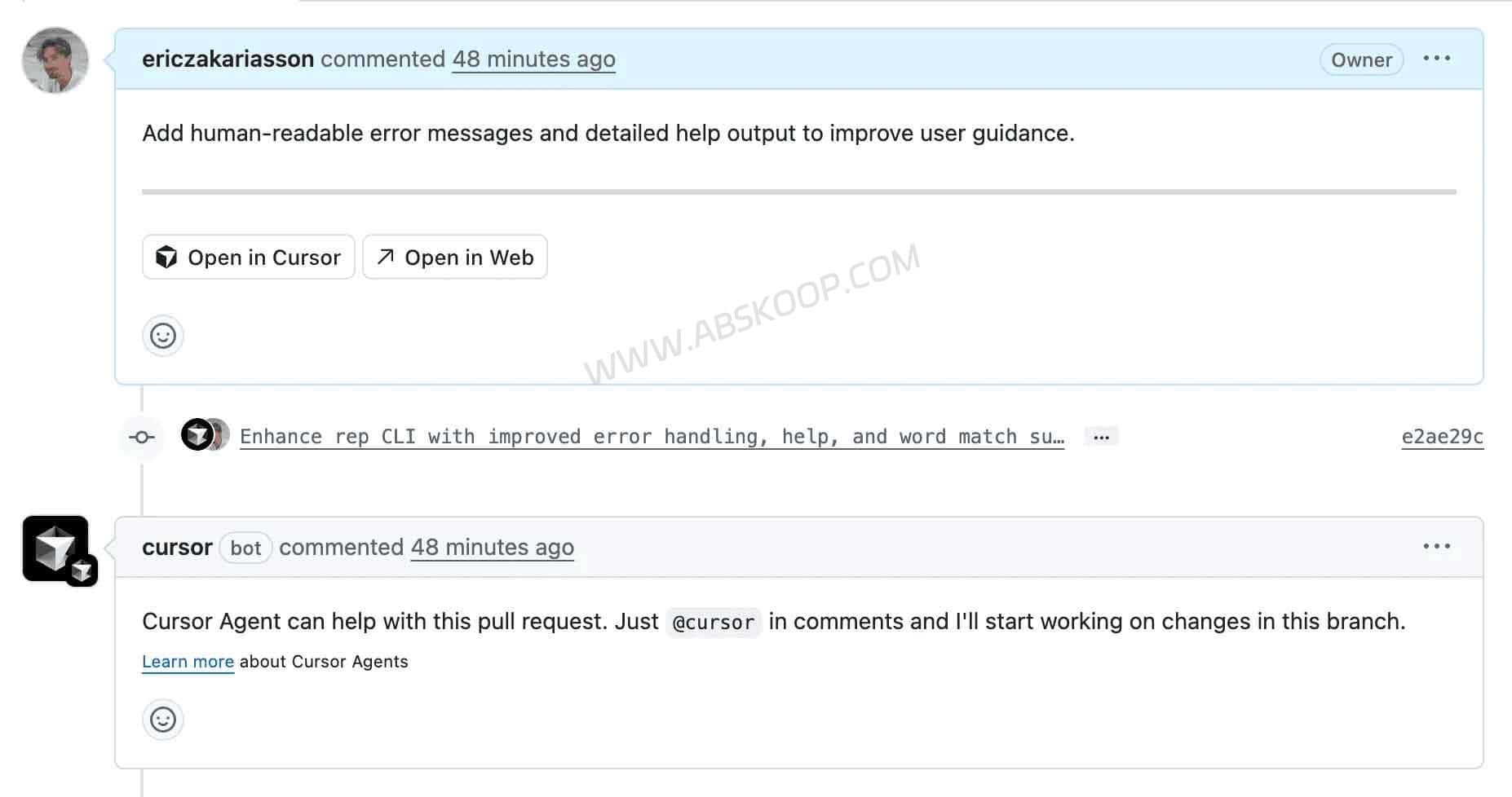 GitHub Pull Request 页面中 Cursor 机器人参与评论的界面