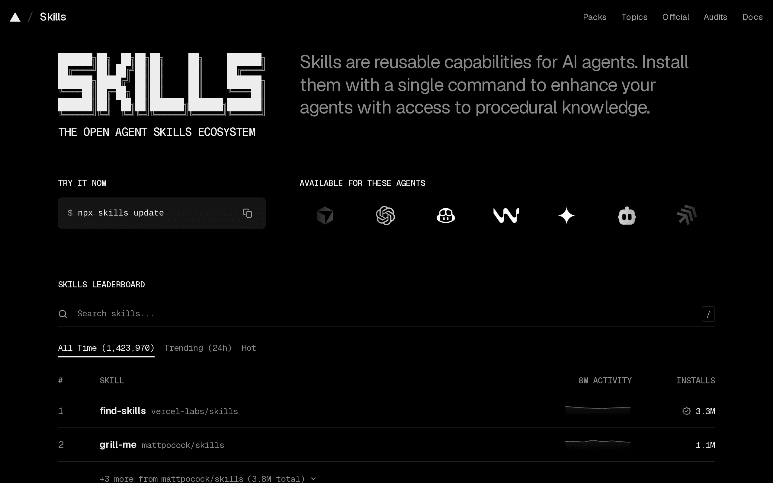skills.sh 官方技能目录首页，排行榜第一位是 find-skills