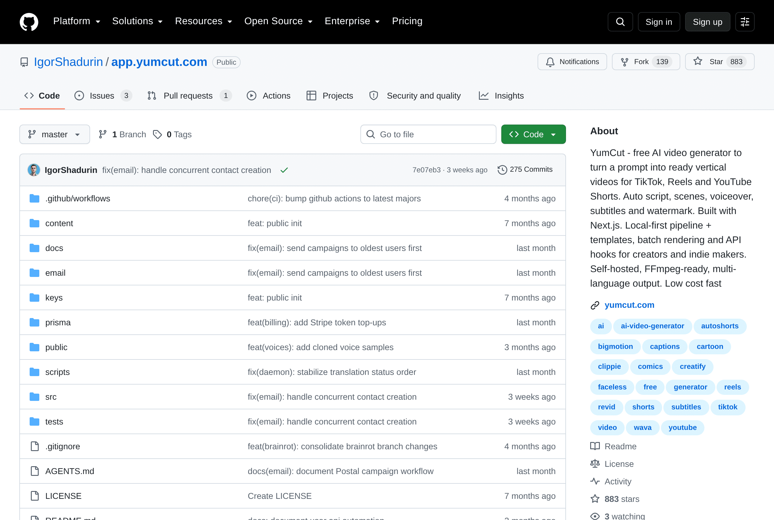 YumCut GitHub 开源仓库页面