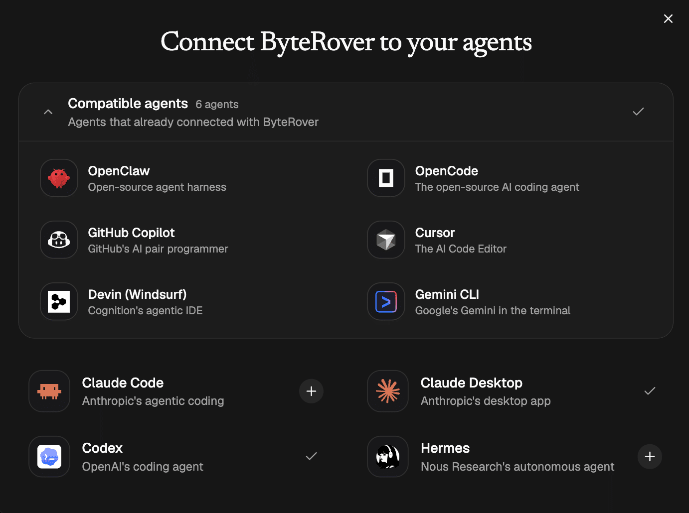 ByteRover 桌面端连接助手界面，列出 OpenClaw、Cursor、Claude Code、Codex 等助手