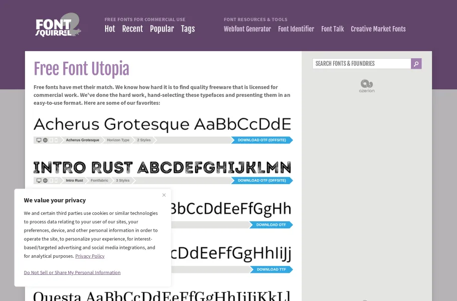 Font Squirrel – 精选免费可商用的英文字体官网首页截图