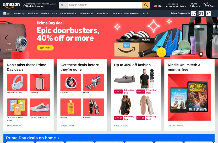Amazon亚马逊 – 全球最大的跨境电商平台官网首页截图