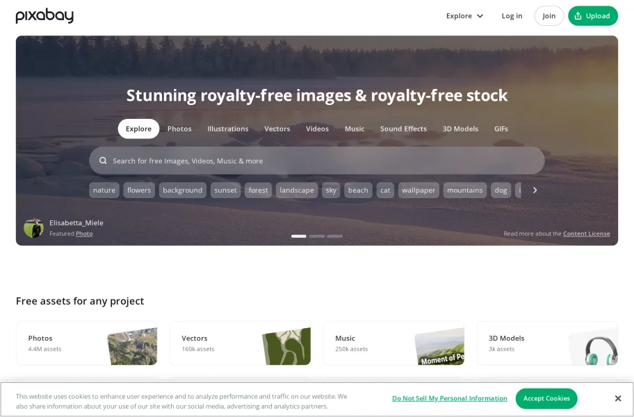 Pixabay – 类型全的免费商用素材库官网首页截图