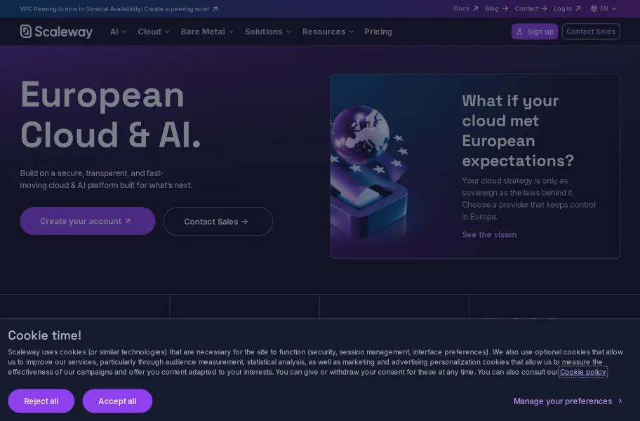 Scaleway – 法国云原生与绿色数据中心平台官网首页截图