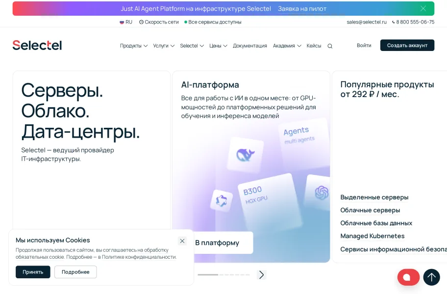 Selectel – 俄罗斯裸金属第一的本地云服务商官网首页截图