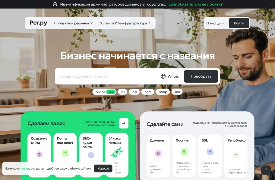 REG.RU – 俄罗斯东欧最大的域名注册商官网首页截图