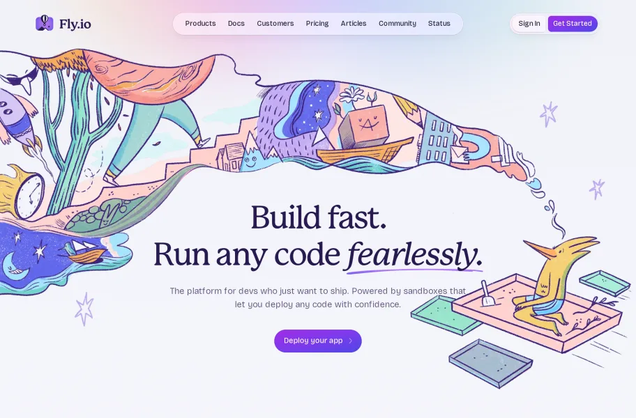 Fly.io – 就近部署到全球边缘的应用平台官网首页截图
