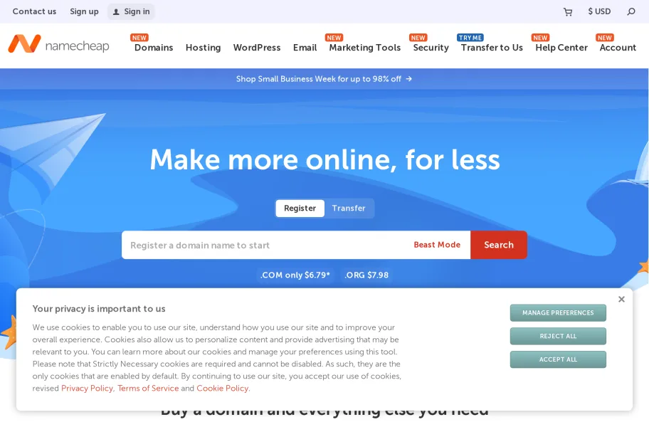 Namecheap – 便宜不乱加价的国际域名注册商官网首页截图
