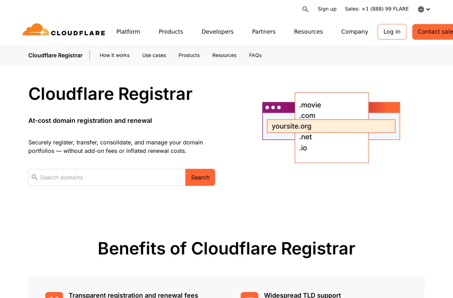 Cloudflare Registrar – 成本价无加价的域名注册官网首页截图
