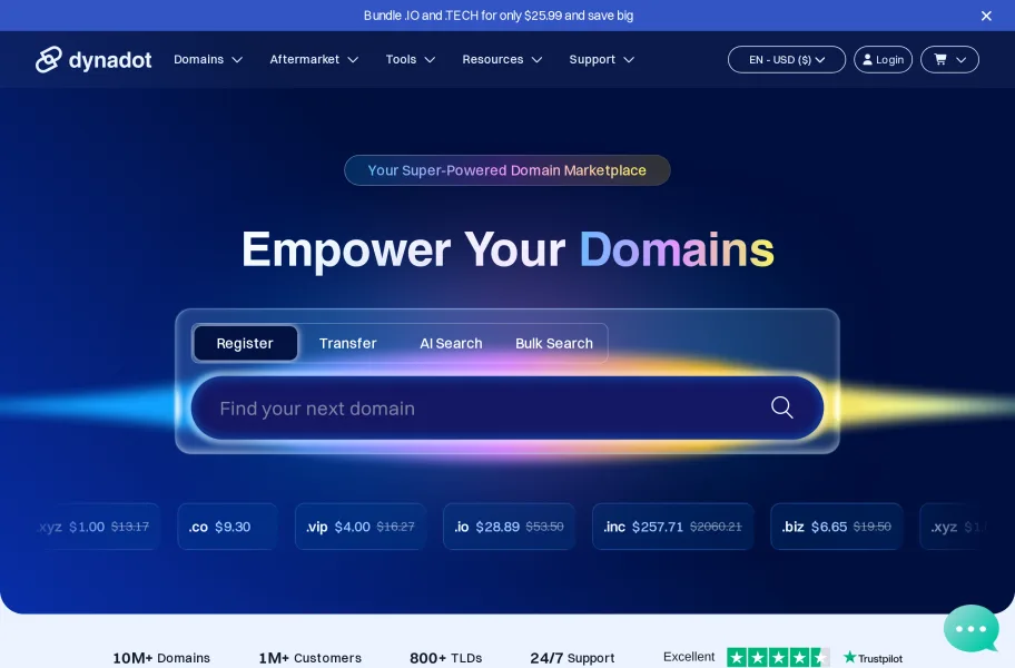 Dynadot – 域名投资与批量管理的注册商官网首页截图网站图标