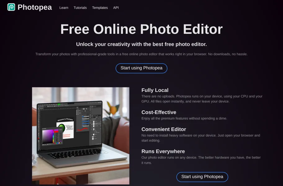 Photopea – 免安装的免费在线PS图像编辑官网首页截图