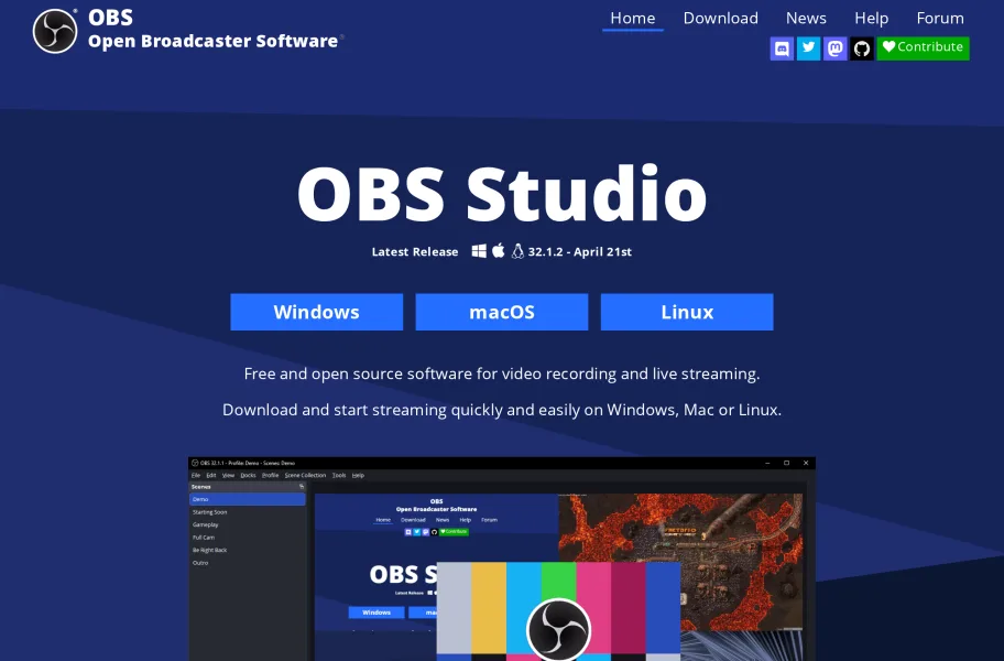 OBS Studio – 免费开源的录屏直播软件官网首页截图