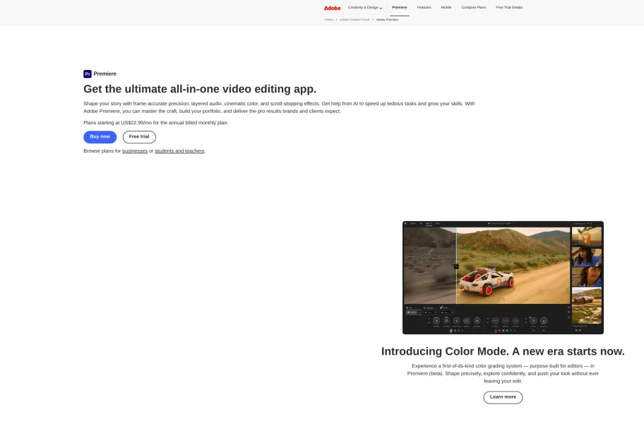 Premiere Pro – Adobe行业标准的专业剪辑官网首页截图