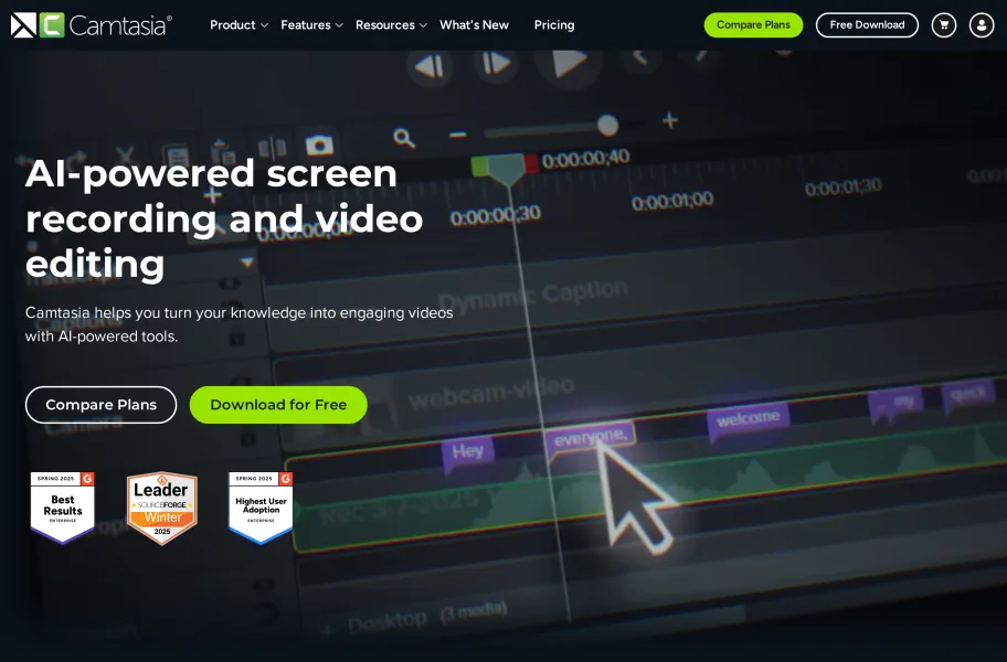 Camtasia – 专做教程培训的录屏剪辑一体工具官网首页截图