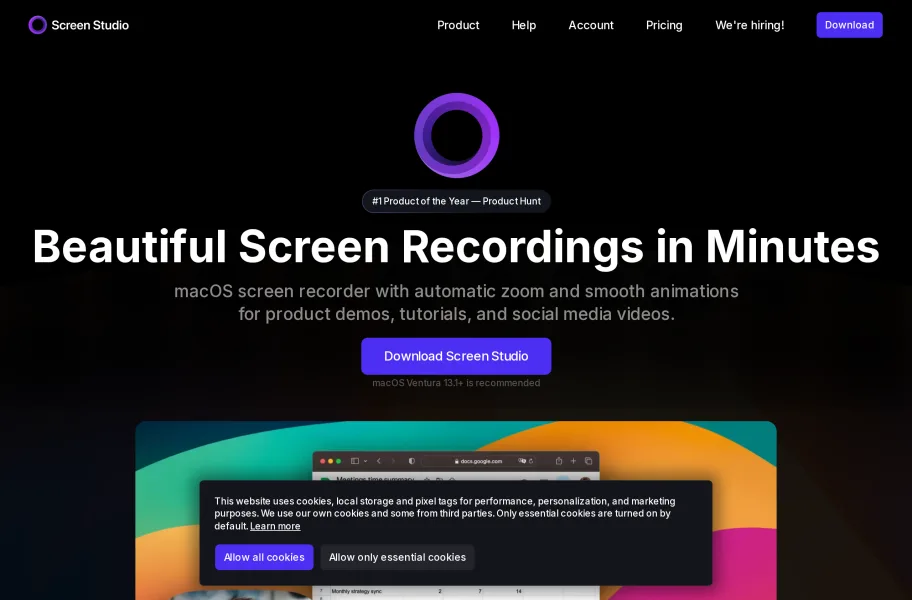 Screen Studio – Mac上自带电影感的专业录屏官网首页截图