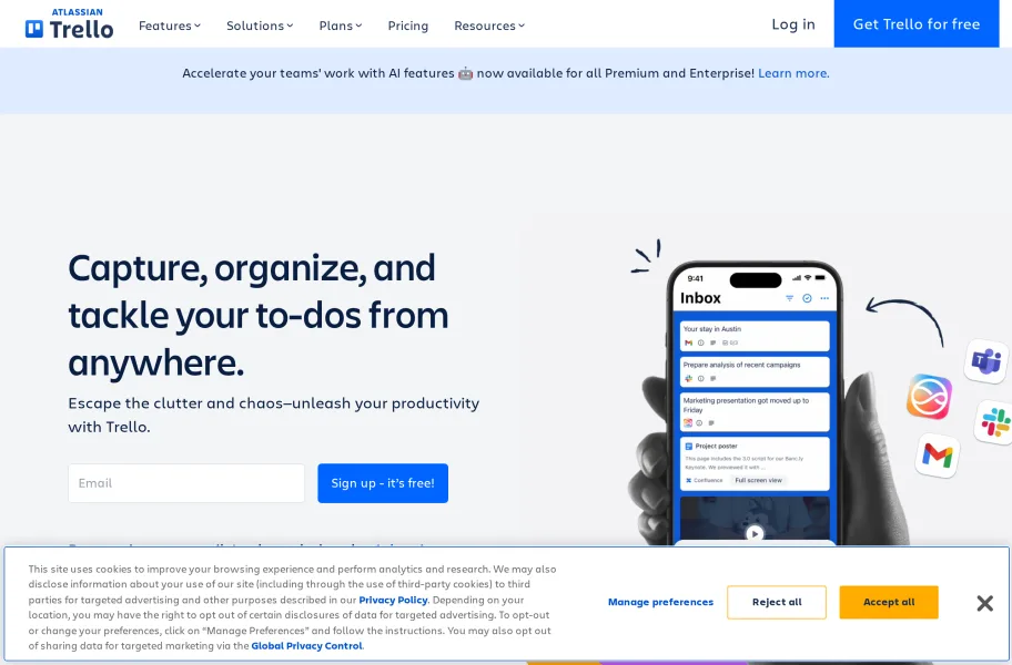 Trello – 看板式拖拽的轻量项目协作官网首页截图