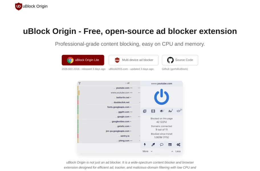 uBlock Origin – 高效省内存的开源广告拦截官网首页截图