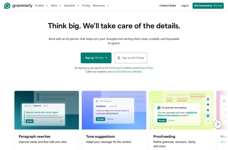 Grammarly – 实时纠错的英文写作辅助插件官网首页截图