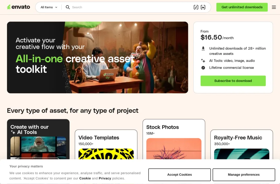 Envato Elements – 一价无限下载的全能素材库官网首页截图