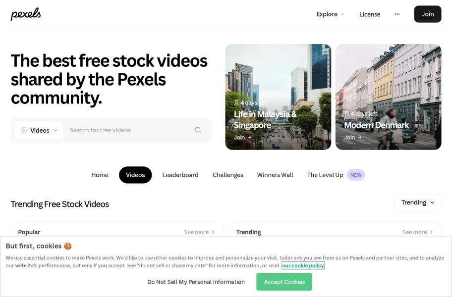 Pexels Videos – 高质量免费商用的视频素材官网首页截图