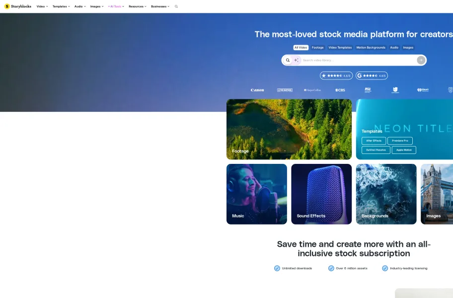 Storyblocks – 订阅无限下载的视频素材库官网首页截图