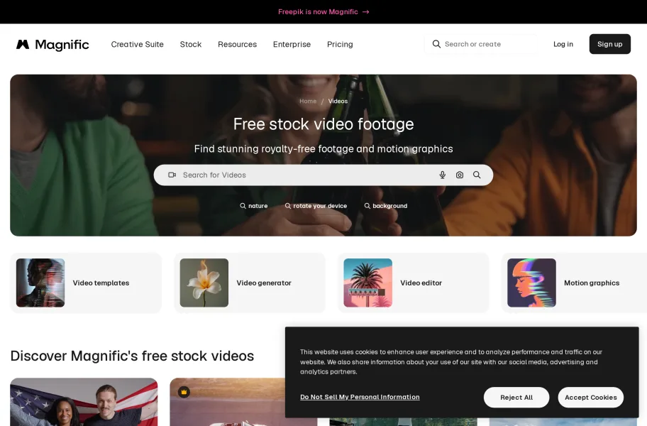 Videvo – 免费加付费的视频动效素材站官网首页截图