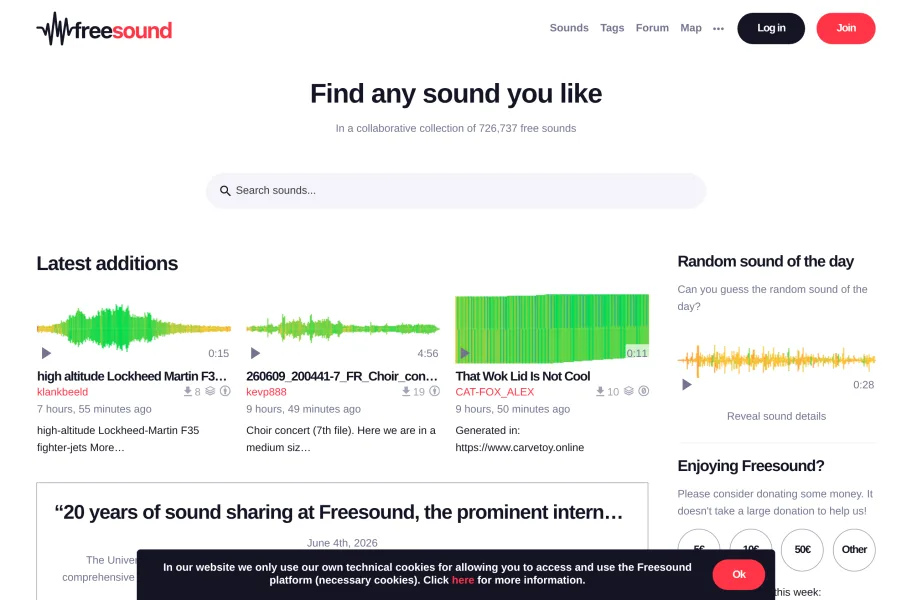 Freesound – 海量真实音效的协作式免费库官网首页截图