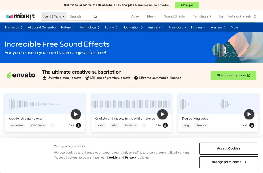 Mixkit音效 – 免费免署名的精选音效库官网首页截图