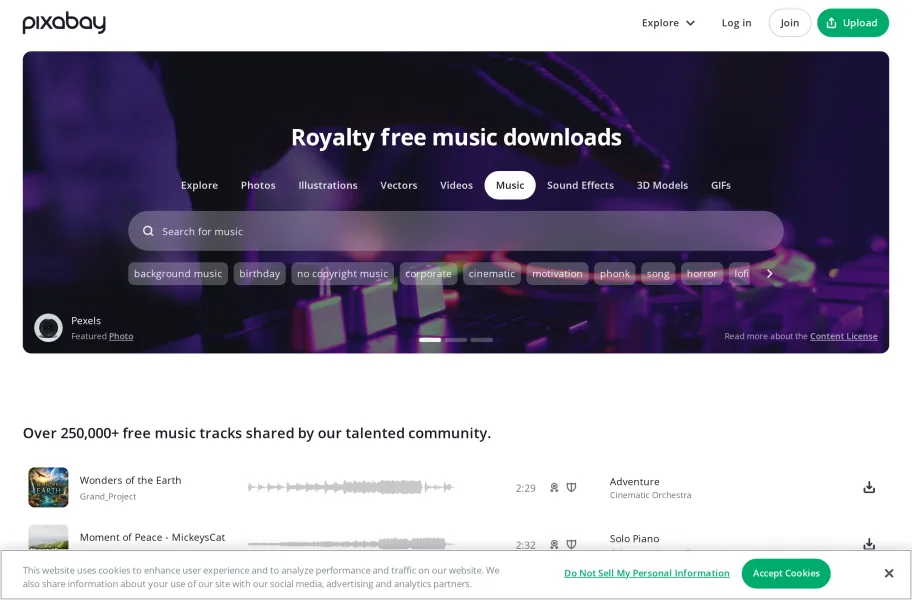 Pixabay Music – 免费免署名的背景音乐音效官网首页截图