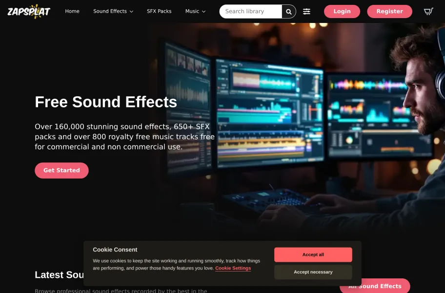 ZapSplat – 海量音效的免费加会员音库官网首页截图