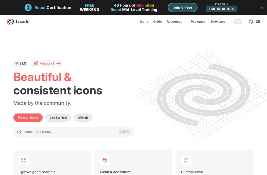 Lucide – Feather衍生的开源图标库官网首页截图