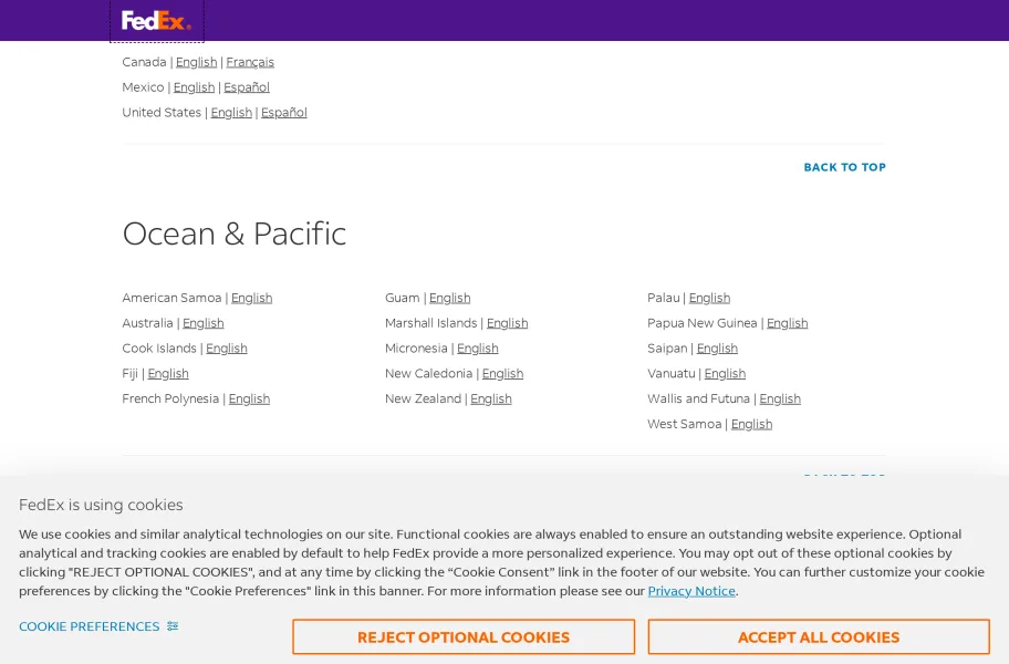 FedEx官网首页截图