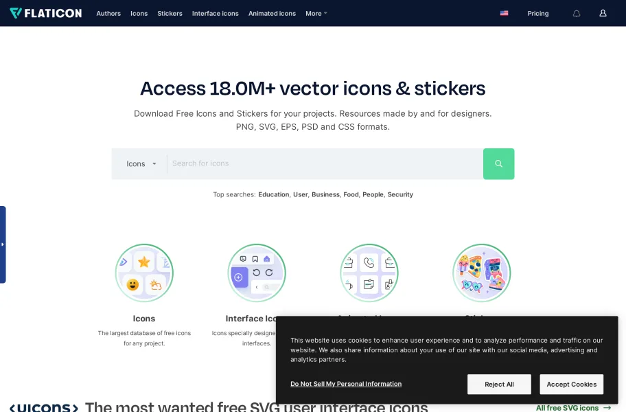 Flaticon – 全球最大的矢量图标库官网首页截图