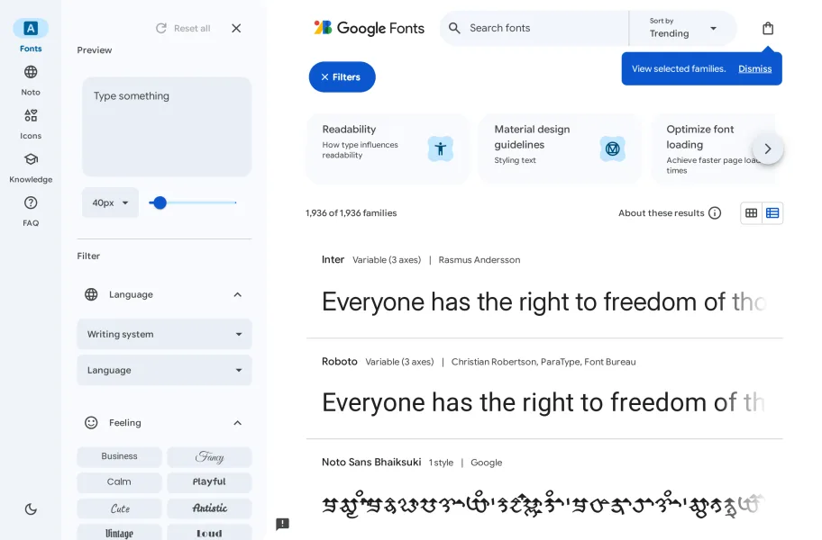 Google Fonts – 免费开源可商用的字体库官网首页截图
